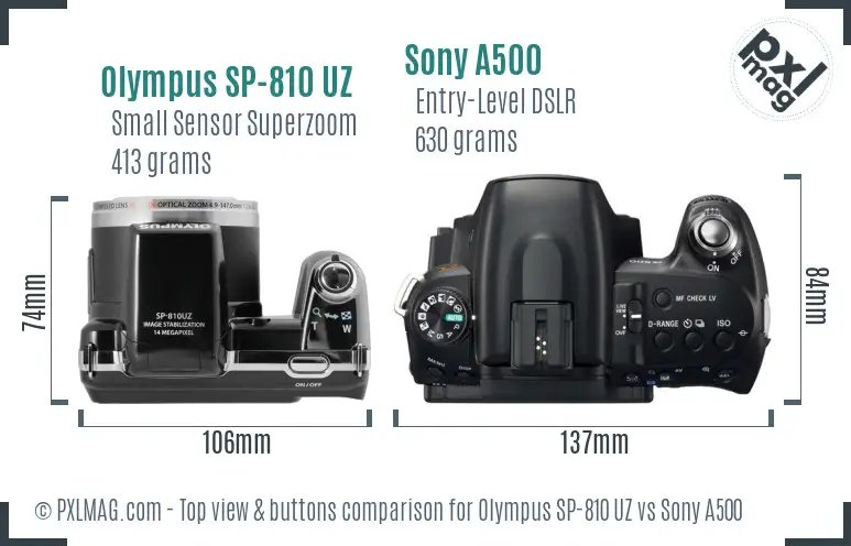 Olympus SP-810 UZ vs Sony A500 top view buttons comparison