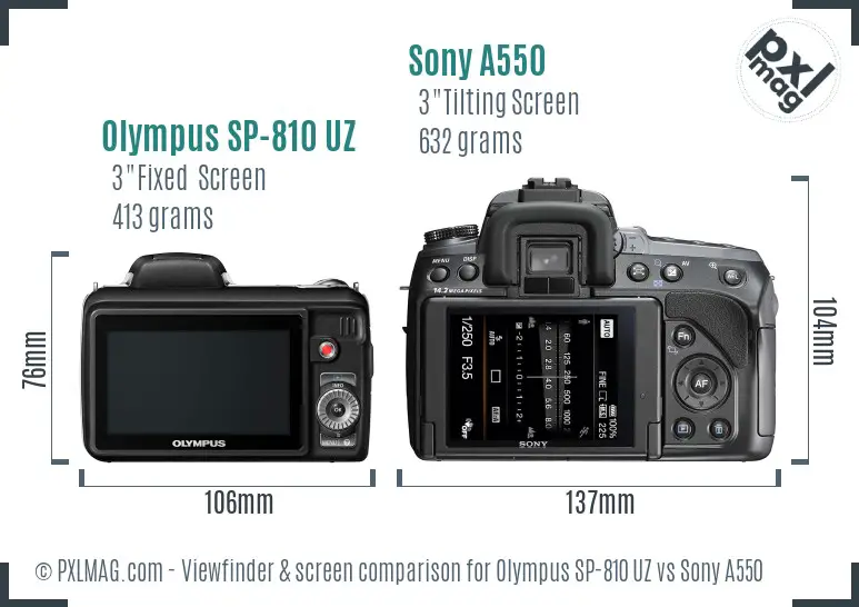 Olympus SP-810 UZ vs Sony A550 Screen and Viewfinder comparison