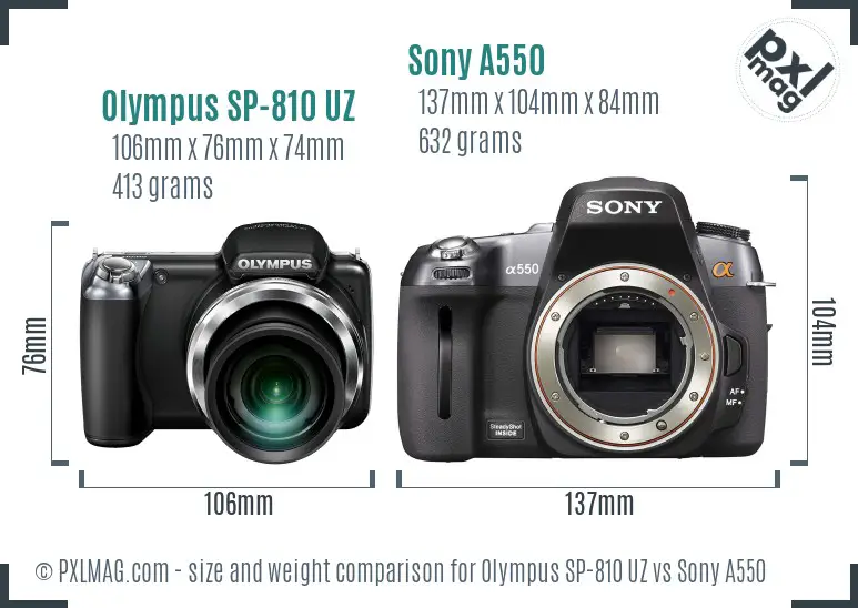 Olympus SP-810 UZ vs Sony A550 size comparison