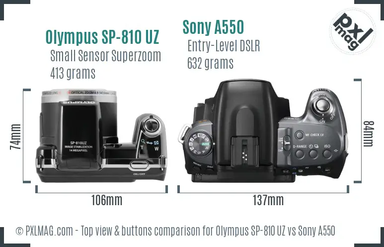 Olympus SP-810 UZ vs Sony A550 top view buttons comparison