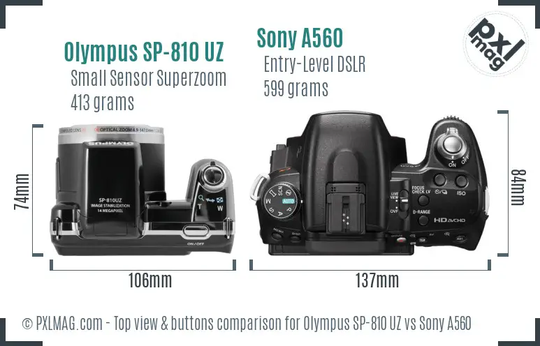 Olympus SP-810 UZ vs Sony A560 top view buttons comparison