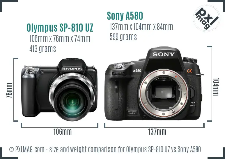 Olympus SP-810 UZ vs Sony A580 size comparison