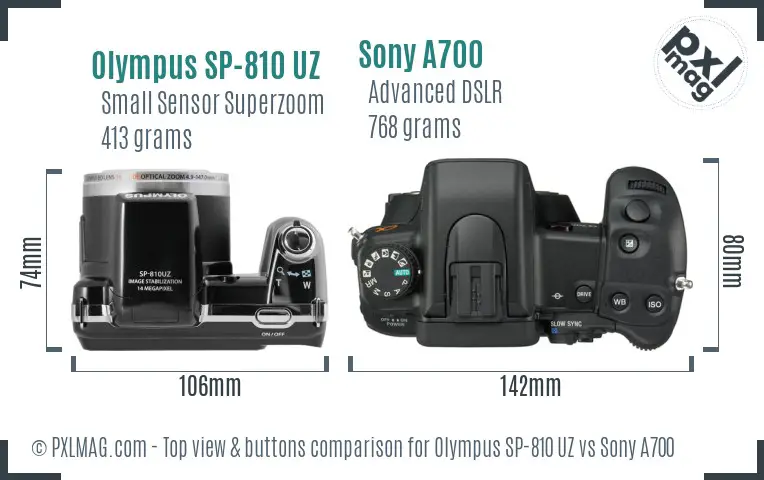 Olympus SP-810 UZ vs Sony A700 top view buttons comparison