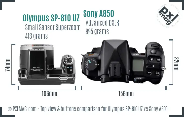 Olympus SP-810 UZ vs Sony A850 top view buttons comparison