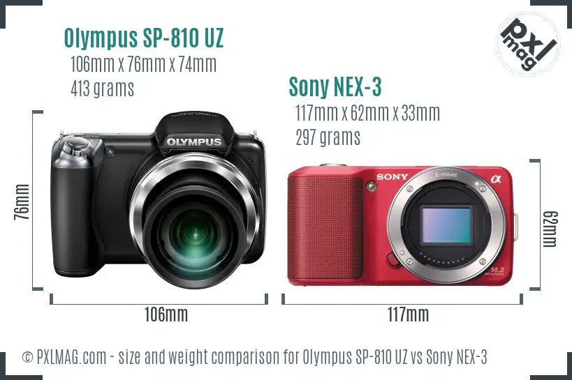 Olympus SP-810 UZ vs Sony NEX-3 size comparison