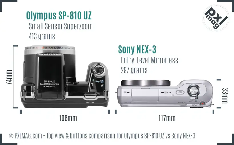 Olympus SP-810 UZ vs Sony NEX-3 top view buttons comparison