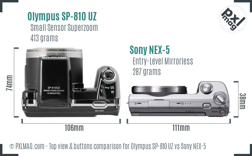 Olympus SP-810 UZ vs Sony NEX-5 top view buttons comparison