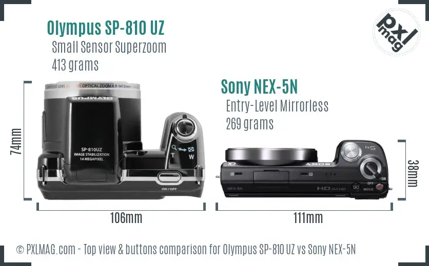 Olympus SP-810 UZ vs Sony NEX-5N top view buttons comparison