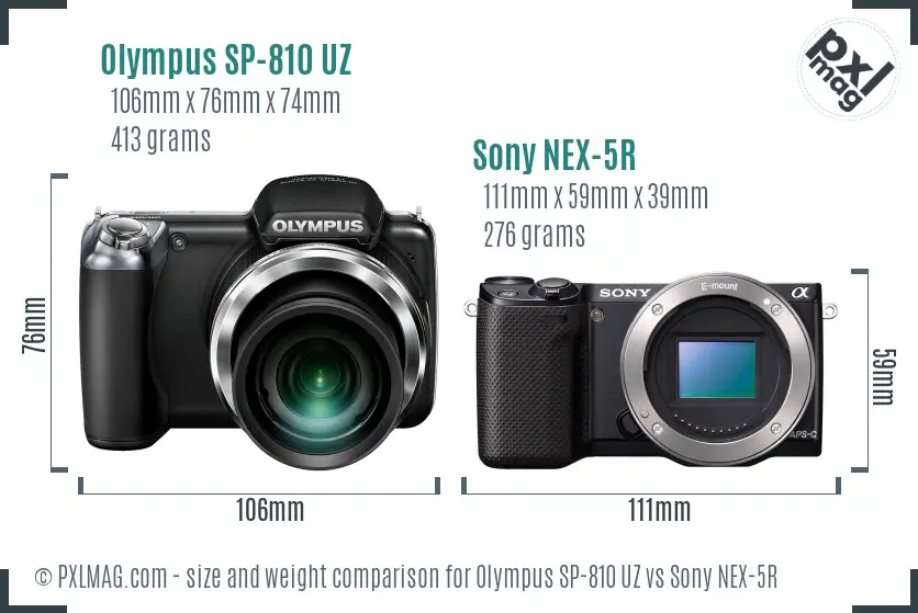 Olympus SP-810 UZ vs Sony NEX-5R size comparison