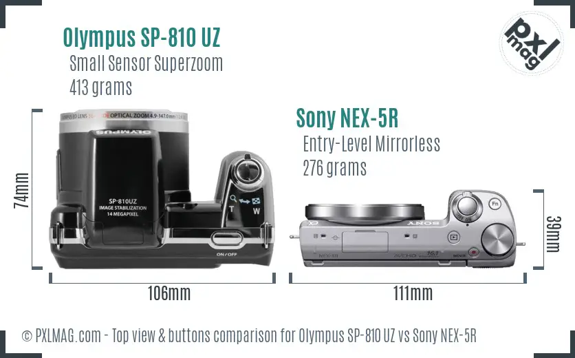 Olympus SP-810 UZ vs Sony NEX-5R top view buttons comparison