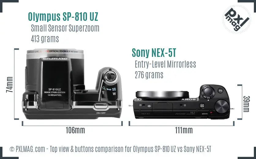 Olympus SP-810 UZ vs Sony NEX-5T top view buttons comparison