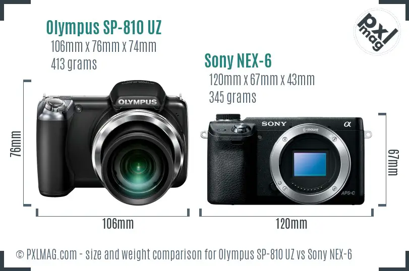 Olympus SP-810 UZ vs Sony NEX-6 size comparison