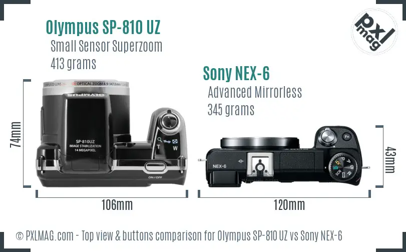 Olympus SP-810 UZ vs Sony NEX-6 top view buttons comparison