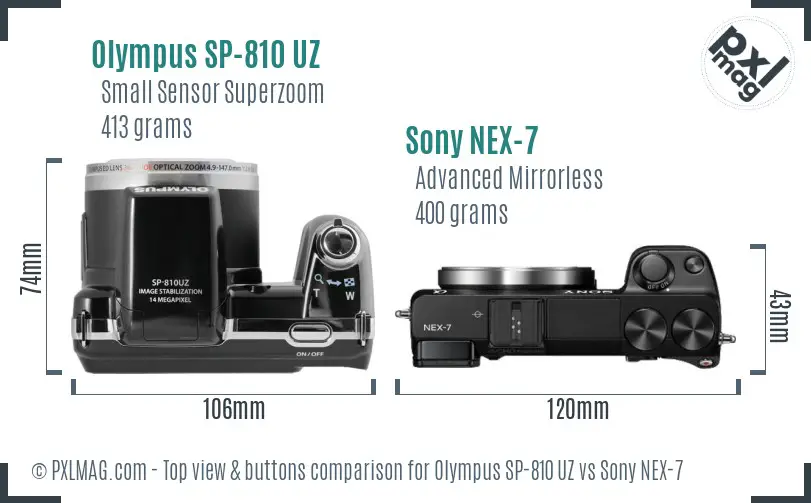 Olympus SP-810 UZ vs Sony NEX-7 top view buttons comparison
