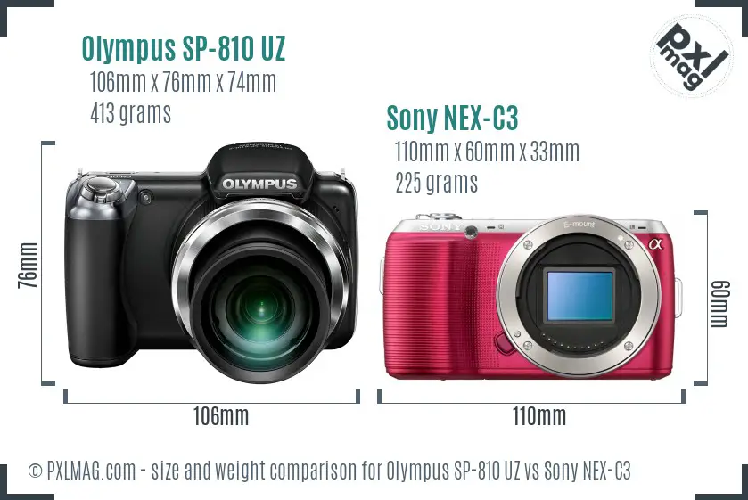Olympus SP-810 UZ vs Sony NEX-C3 size comparison