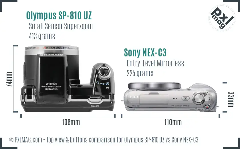 Olympus SP-810 UZ vs Sony NEX-C3 top view buttons comparison
