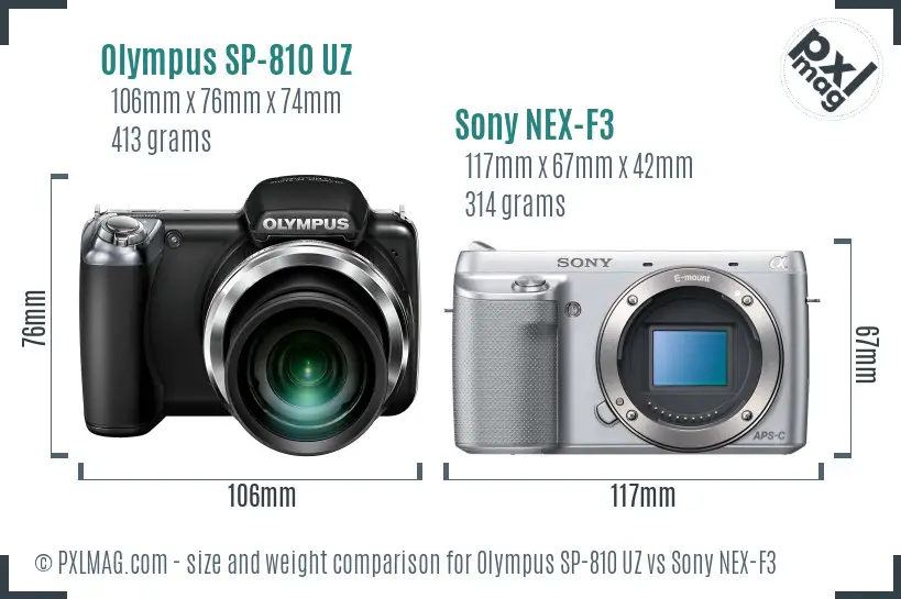 Olympus SP-810 UZ vs Sony NEX-F3 size comparison