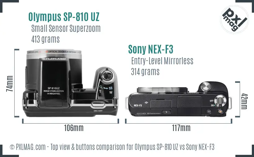 Olympus SP-810 UZ vs Sony NEX-F3 top view buttons comparison