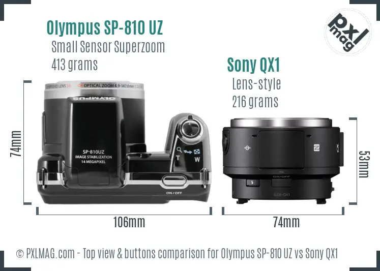 Olympus SP-810 UZ vs Sony QX1 top view buttons comparison