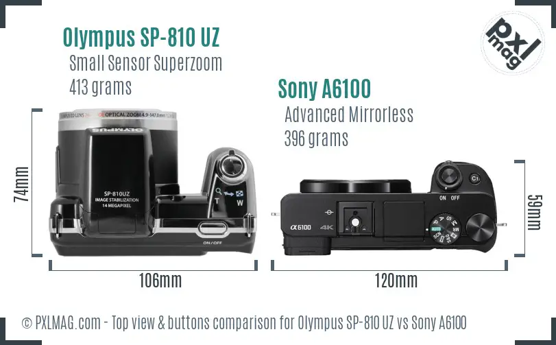 Olympus SP-810 UZ vs Sony A6100 top view buttons comparison Olympus SP-810 UZ vs Sony A6100 top view buttons comparison
