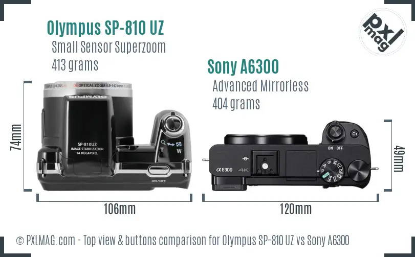 Olympus SP-810 UZ vs Sony A6300 top view buttons comparison
