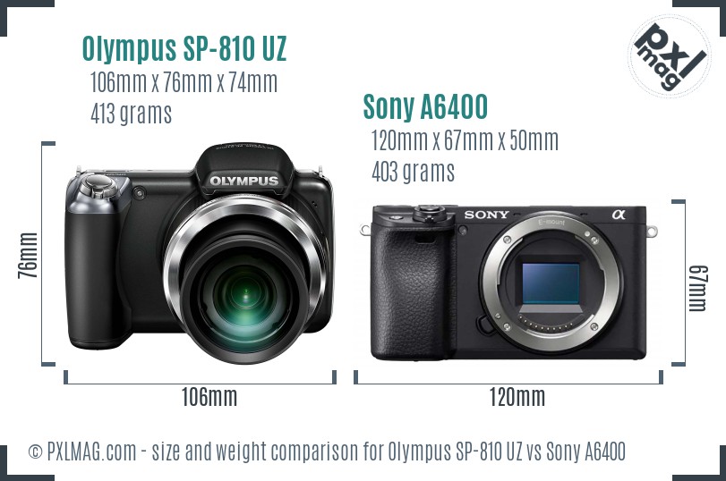 Olympus SP-810 UZ vs Sony A6400 size comparison