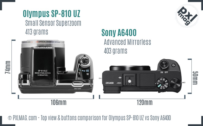 Olympus SP-810 UZ vs Sony A6400 top view buttons comparison