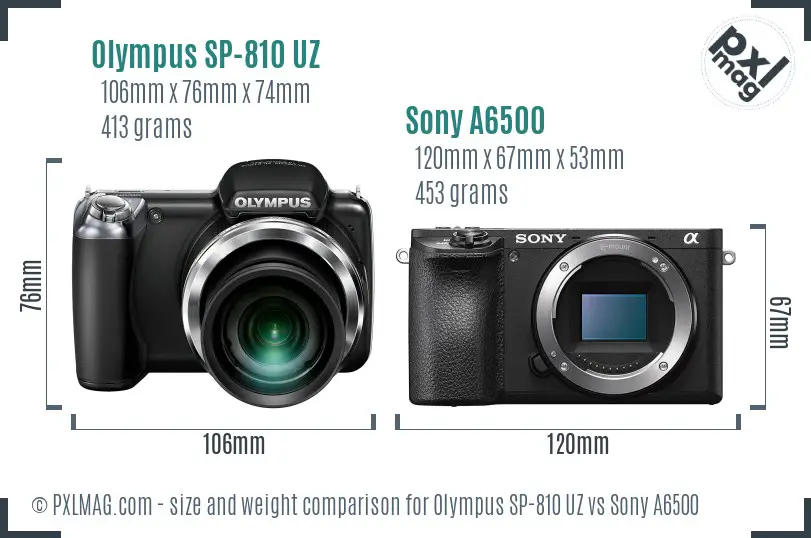 Olympus SP-810 UZ vs Sony A6500 size comparison