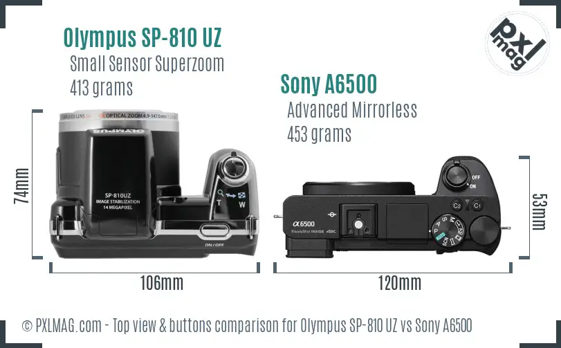 Olympus SP-810 UZ vs Sony A6500 top view buttons comparison