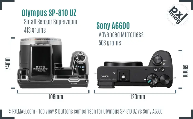 Olympus SP-810 UZ vs Sony A6600 top view buttons comparison