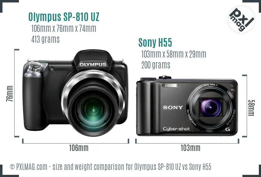 Olympus SP-810 UZ vs Sony H55 size comparison