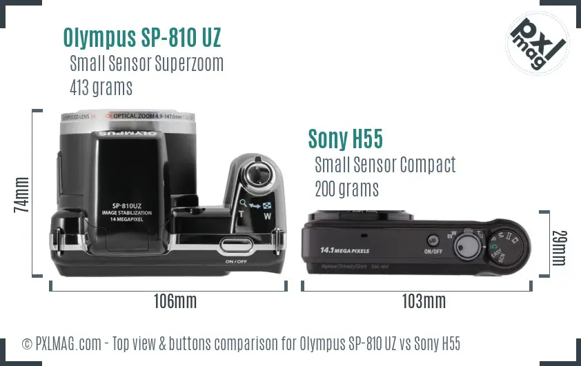 Olympus SP-810 UZ vs Sony H55 top view buttons comparison