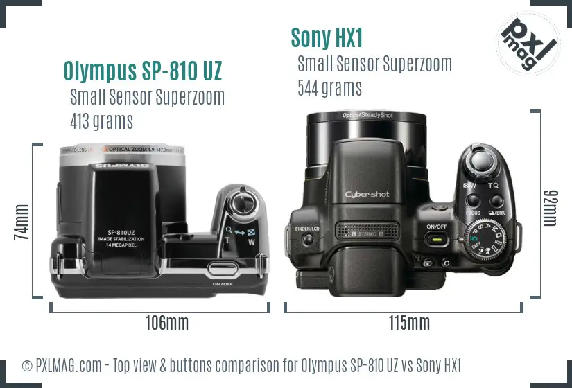 Olympus SP-810 UZ vs Sony HX1 top view buttons comparison