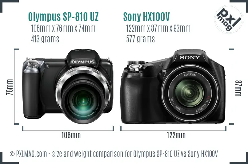 Olympus SP-810 UZ vs Sony HX100V size comparison