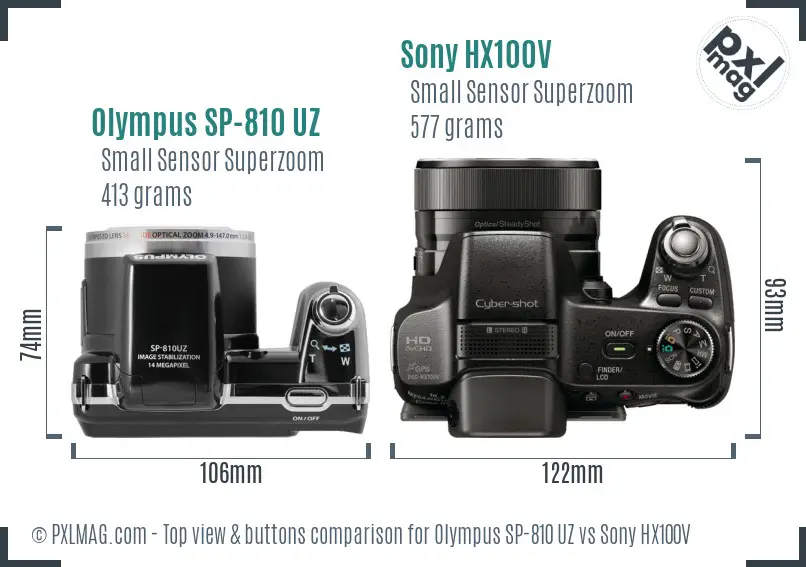 Olympus SP-810 UZ vs Sony HX100V top view buttons comparison