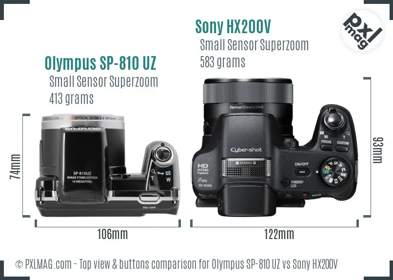Olympus SP-810 UZ vs Sony HX200V top view buttons comparison