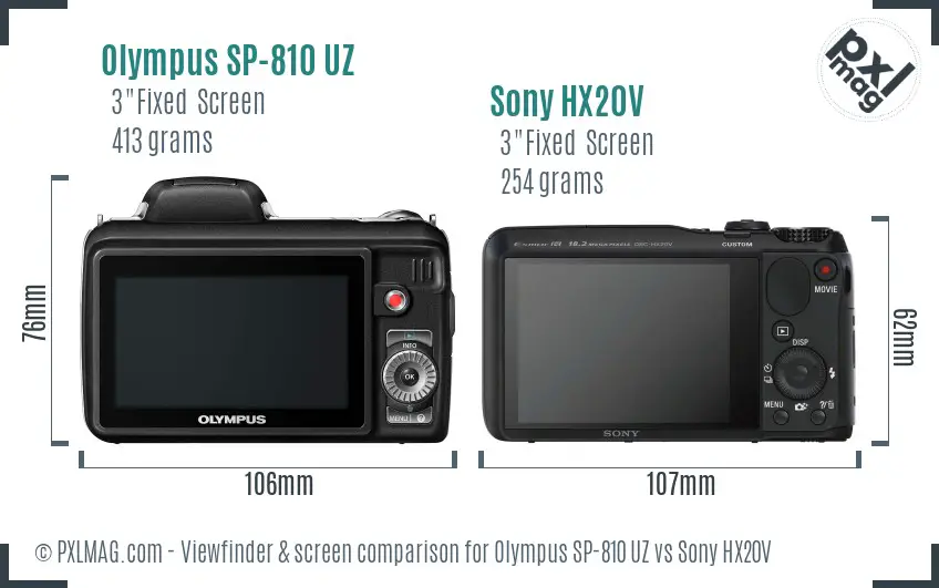 Olympus SP-810 UZ vs Sony HX20V Screen and Viewfinder comparison