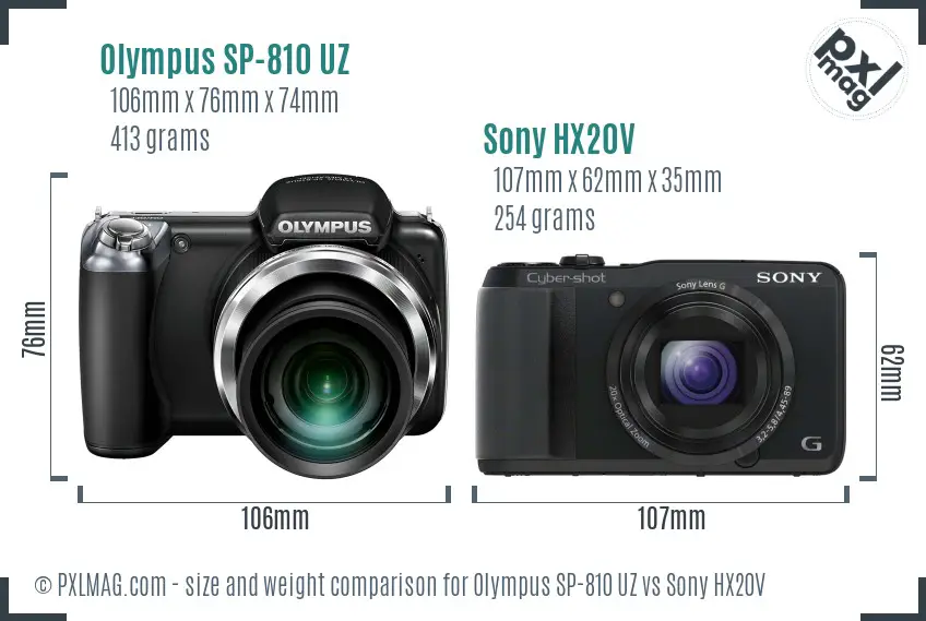 Olympus SP-810 UZ vs Sony HX20V size comparison