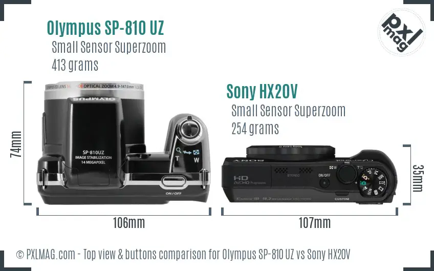 Olympus SP-810 UZ vs Sony HX20V top view buttons comparison