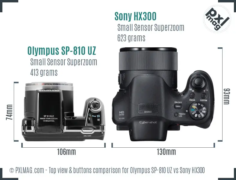 Olympus SP-810 UZ vs Sony HX300 top view buttons comparison