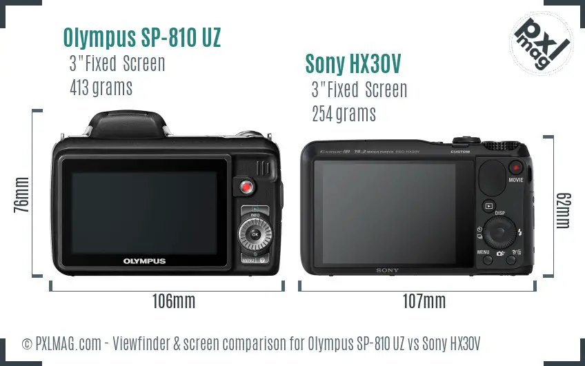 Olympus SP-810 UZ vs Sony HX30V Screen and Viewfinder comparison