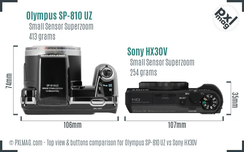 Olympus SP-810 UZ vs Sony HX30V top view buttons comparison