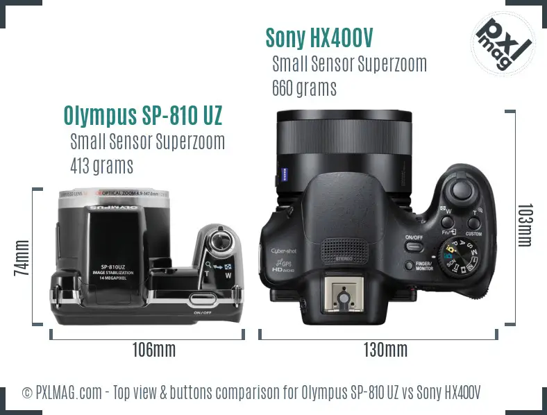 Olympus SP-810 UZ vs Sony HX400V top view buttons comparison