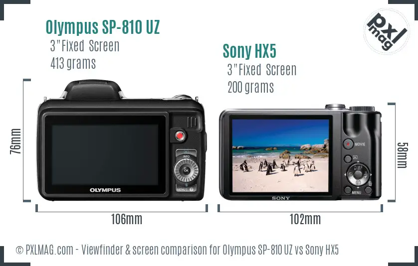 Olympus SP-810 UZ vs Sony HX5 Screen and Viewfinder comparison