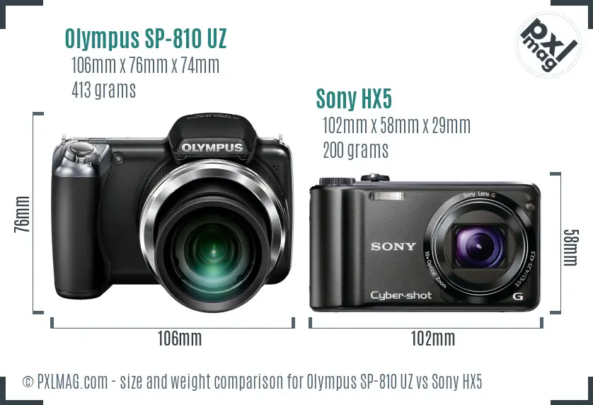 Olympus SP-810 UZ vs Sony HX5 size comparison