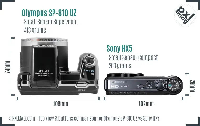 Olympus SP-810 UZ vs Sony HX5 top view buttons comparison
