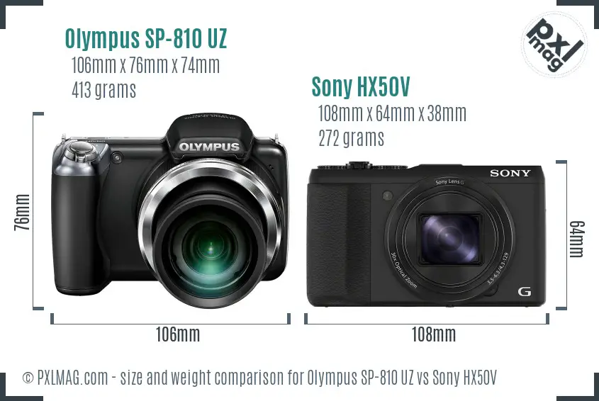 Olympus SP-810 UZ vs Sony HX50V size comparison