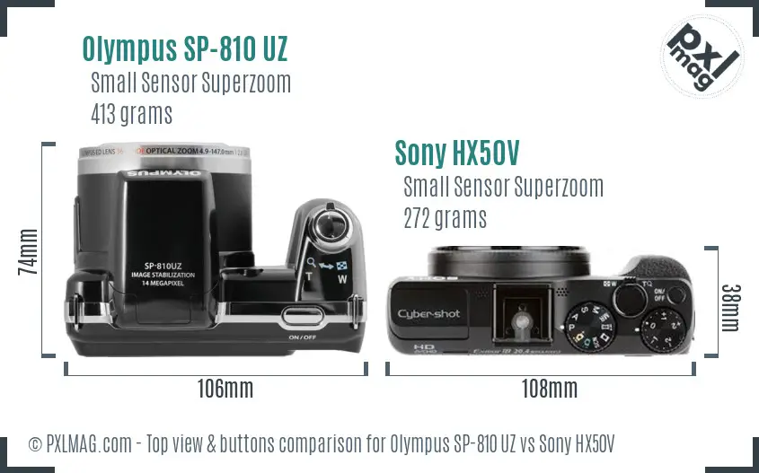 Olympus SP-810 UZ vs Sony HX50V top view buttons comparison