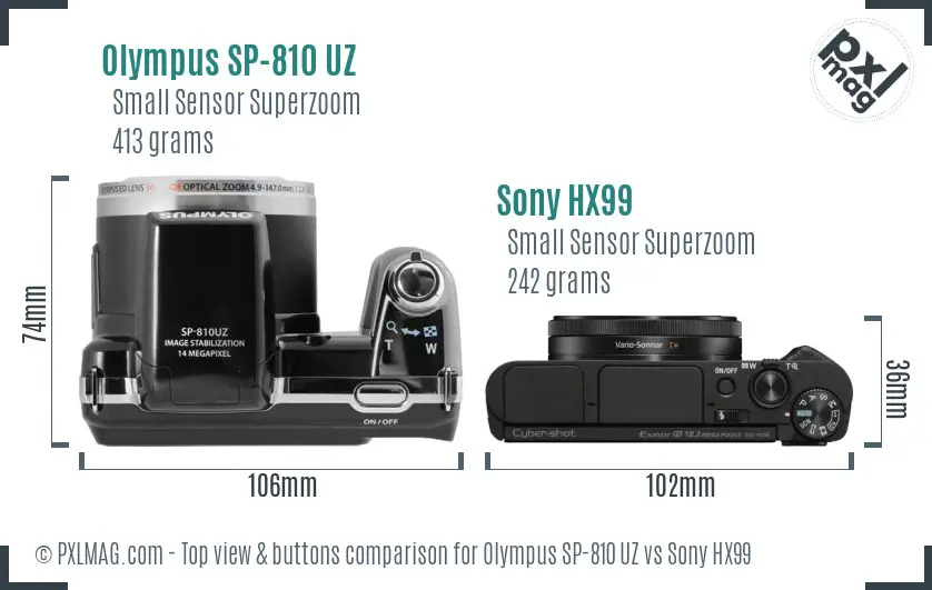 Olympus SP-810 UZ vs Sony HX99 top view buttons comparison