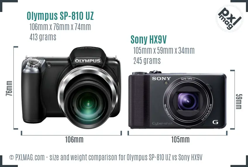 Olympus SP-810 UZ vs Sony HX9V size comparison